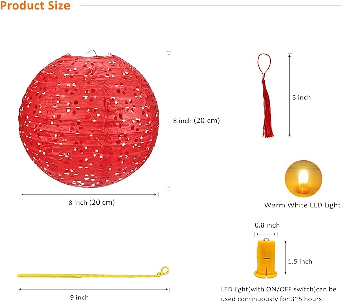 5Pack Chinese Lunar New Year Decorations 2026 Paper Lanterns with Lights Chinese Japanese Hanging Paper Lanterns with LED Sticks Tassels 8 Inch for Spring Festival Valentine's Day Party Decor