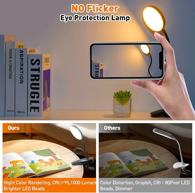 Cordless Rechargeable Clip On Desk Lamp Thick Flexible 360° Gooseneck | 450 Lumen Eye Protect Light,30 Custom Lighting Modes,5-30H Long Life Battery for Bed Headboard Desk Puzzle Craft ,Black 2 Pcs