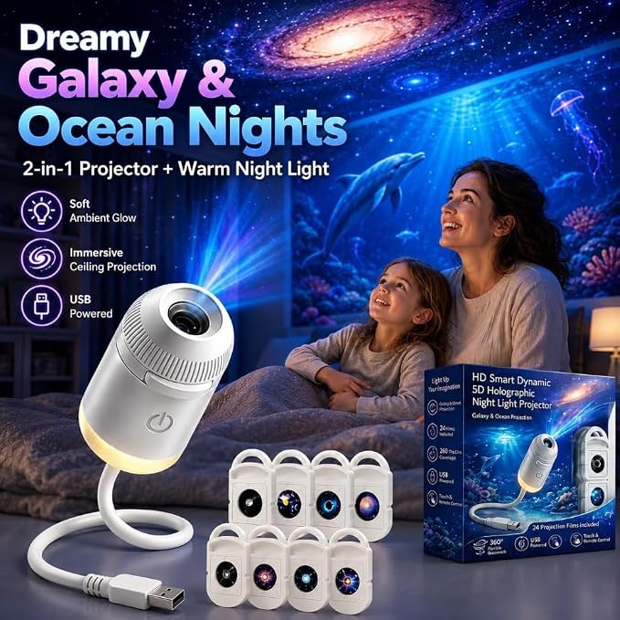2027 Upgraded Plug and Play Hd Star Projector with 24 Films, Hd Smart Dynamic 5D Holographic Night Light Projector, 2-in-1 Galaxy Star Projector, 360 Rotating, Usb Powered (With 3 Films)