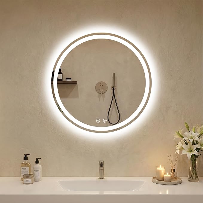 DUMOS 24 Inch Round LED Bathroom Mirror with Lights, Circle Vanity Mirror | Anti-Fog, Dimmable, 3-Color Light, Front Light and Backlit, Memory Function, Tempered Glass
