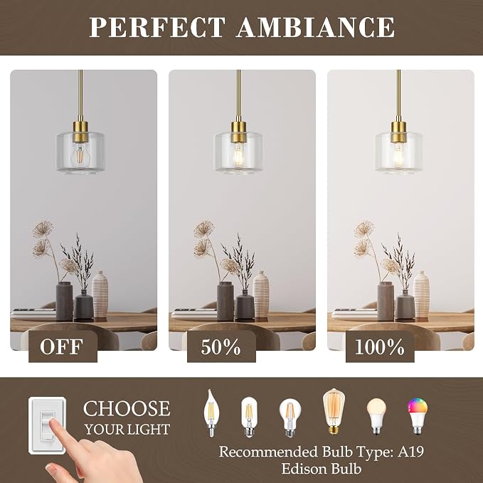 Brushed Gold Pendant Lights Kitchen Island, 1-Light Modern Clear Glass Hanging Light Fixtures with Rods, Mini Kitchen Pendant Lighting Over Island for Sink Bathroom, OS-YQ8153-1PBGC