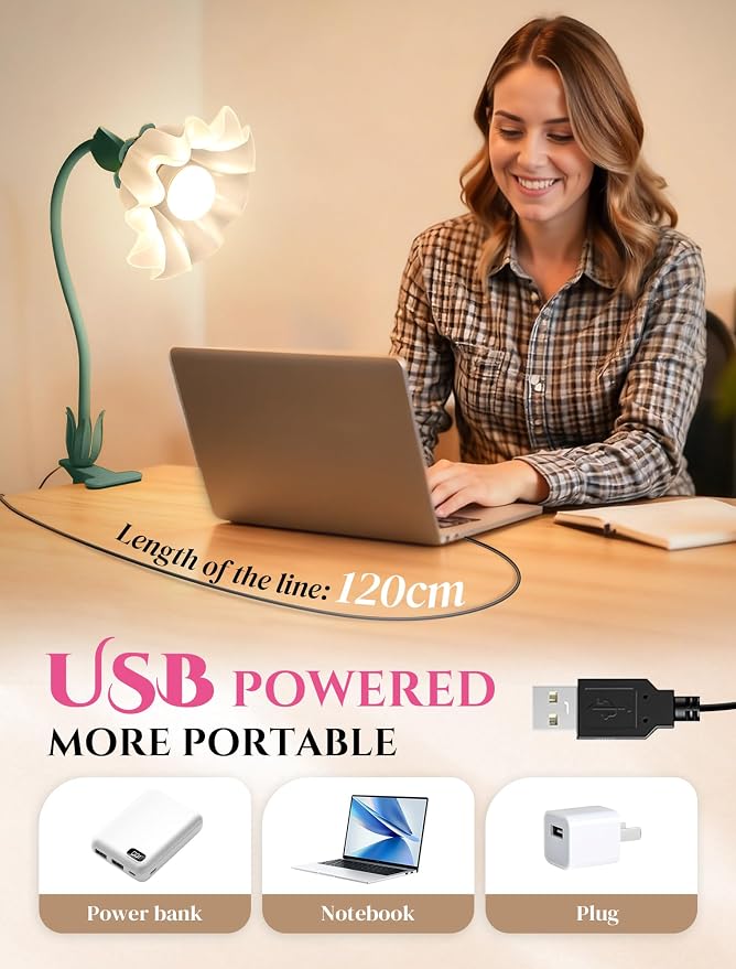 Clip On Flower Lamp for Bedroom, Aesthetic Bedside Reading Light with Flexible Gooseneck, 3 Color Modes Cute Desk Lamp Decor for Dorm Room, Headboard, Nightstand and Home Office