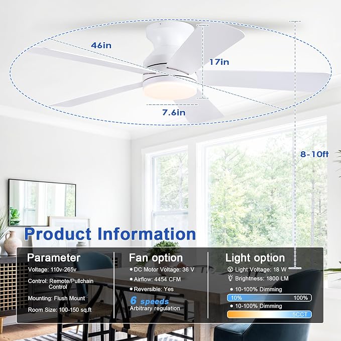 46 inch Ceiling Fans with Lights, White Flush Mount Ceiling Fan with Remote, 3CCT, LED Dimmable, Reversible, 6 Fan Speeds, Quite Low Profile Ceiling Fan with Lights Modern Bedroom Kitchen Indoor