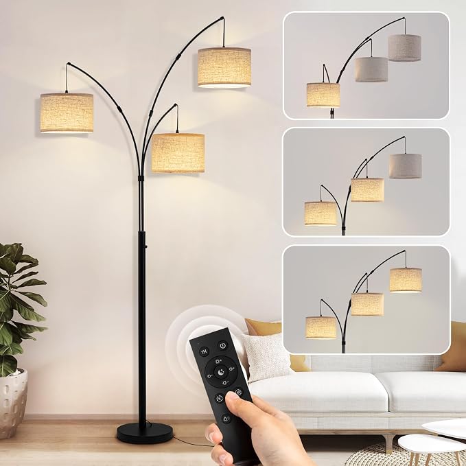 3 Light Arc Floor Lamp with Remote, Beige Shade Black Pole | 80" Dimmable Floor Lamp, 2400LM Super Bright, Independently Controlled 9W LED Energy-Saving Light Bulb, Memory Function