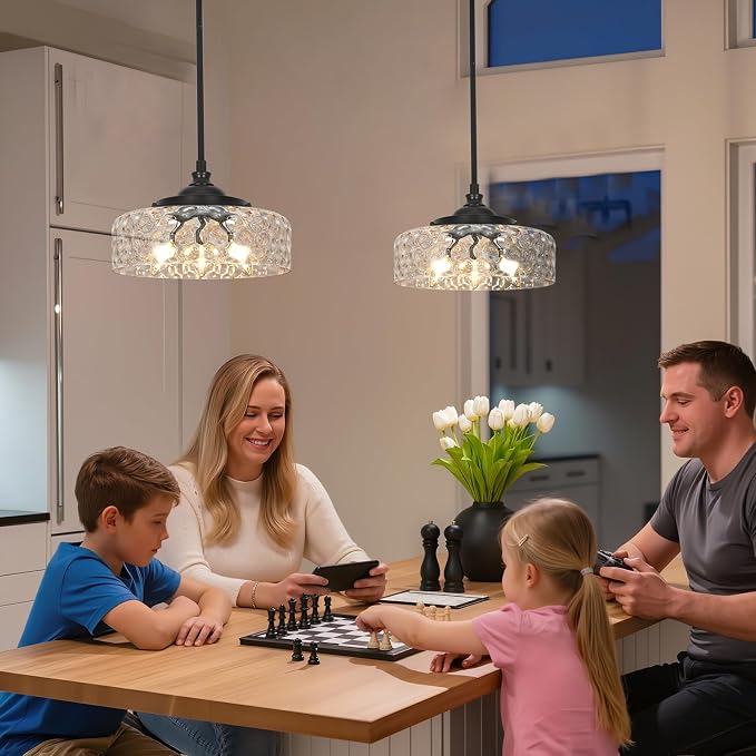 3-Light Adjustable Pendant Lights Kitchen Island, Black Pendant Light Fixture with 12" Clear Hammered Glass Shade, Modern Drop Light for Bathroom, Hallway, Convertible Ceiling Mount Or Hanging Fixture