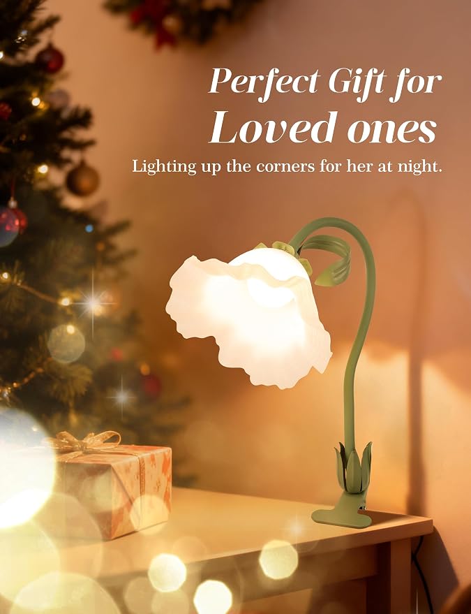 Flower Clip On Desk Lamp for Home and Dorm - Cute Floral Clip On Bedside Book Reading Light, Green Flower Bunk Bed Lighting, Kawaii Led Flexible Gooseneck Table Lamp for Headboard with Clamp