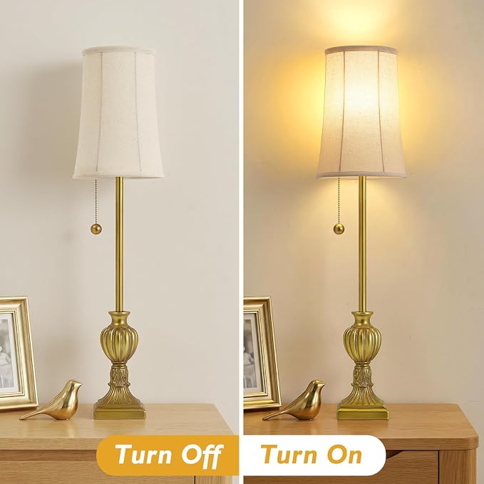 Buffet Table Lamps Set of 2 - 28" Tall Skinny Brass Resin Finish Table Lamp for Living Room - Traditional Farmhouse Buffet Lamp with Pull Chain for Console Table,Dining Sideboard,Entryway,Hallway