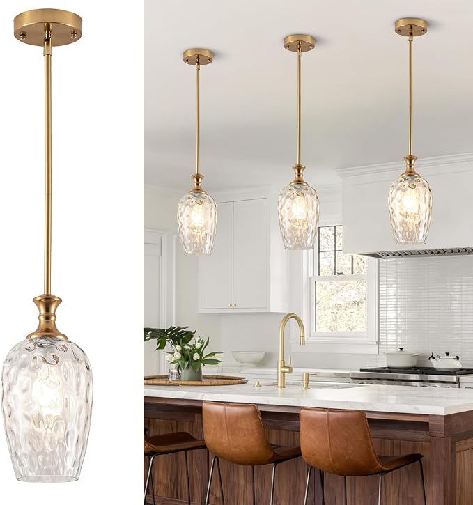 Modern Gold Pendant Lights, Adjustable Kitchen Island Pendant Lighting Fixtures with Clear Glass Shade, Hanging Light for Dining Room, Bedroom & Home Decor (Bulbs Not Included) 1 Pack