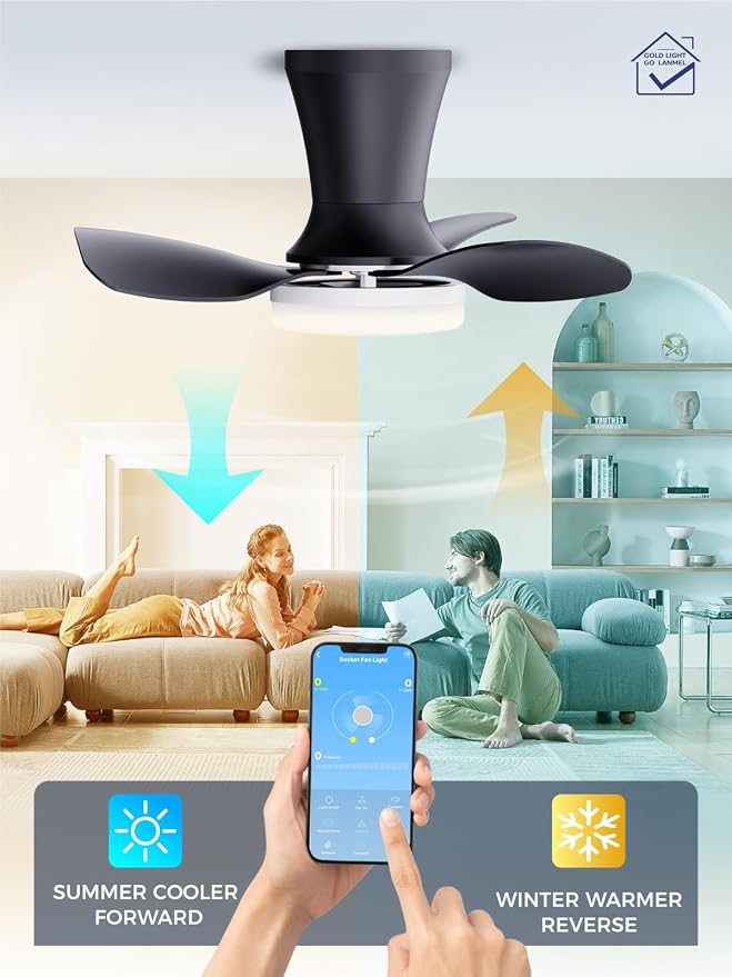LANMEL Metal Ceiling Fan with Lights and Remote, 22 Inch, Silver & Black | Modern Low Profile Flush Mount, Reversible, 3CCT Dimmable, Quiet, LED, For Bedroom, Living Room, Indoor/Outdoor Patio Use