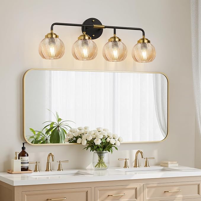 MOKATNG Bathroom Light Fixtures, 4-Light Amber Vanity Lights with Unique Leaf Texture Glass Shade, Modern Matte Black and Gold Bathroom Wall Lamp for Mirror Hallway Cabinet Living Room