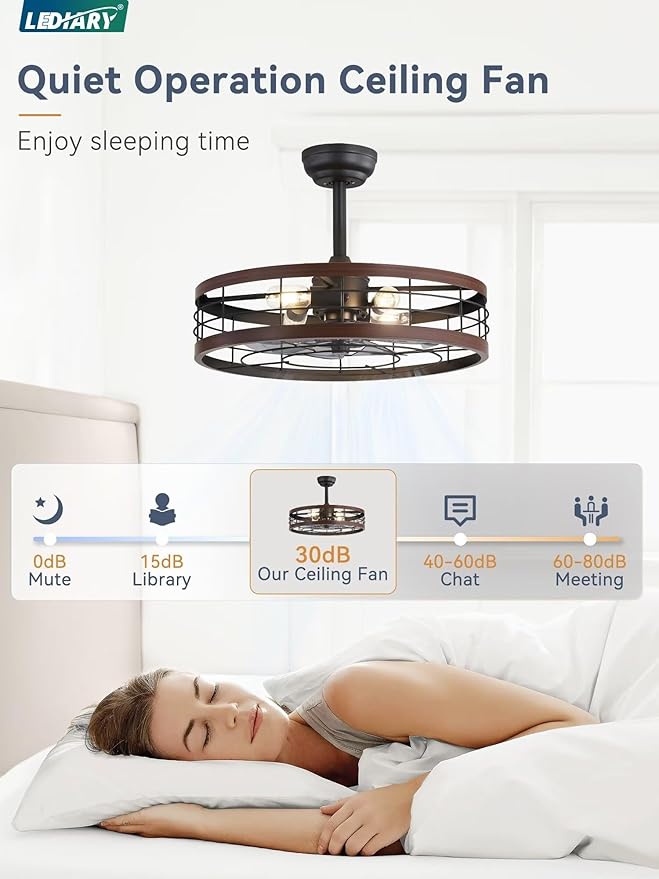 LEDIARY 22 inch Caged Fandelier Ceiling Fan Light with Remote, Walnut | 6 Speed Adjustable,Timing, Quiet & Powerful DC, Small, Farmhouse, Industrial, Enclosed, Bladeless, Bedroom, Kitchen, Downrod
