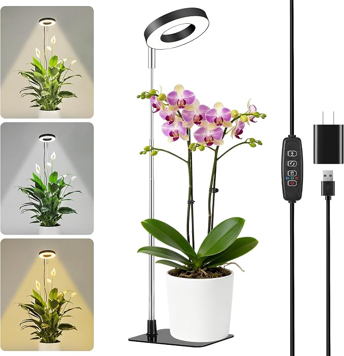 Small Halo Grow Light with Base, 48 LED Full Spectrum Indoor Plant Grow Light, Height Adjustable, 3 Spectral Modes, 10 Brightness Levels, Automatic Timer 3/9/12 Hours, Black