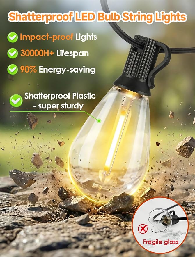 25FT LED Outdoor Patio String Lights, 10+1 Edison S11 Bulbs, Black | Plug in, Dimmer not included, Dimmable, Waterproof, Shatterproof, Connectable Hanging Lights for Backyard Pergola Decor