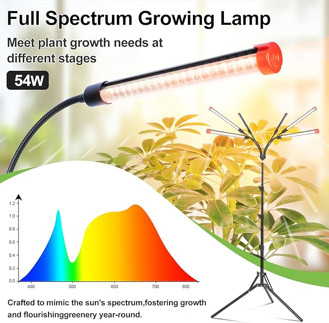 6Head Grow Light with Stand for Tall and Large Indoor Plants, Bonsai Tree, Big Coverage and Bright Plant Growing Lamps, 4/8/12/16/20H Timer, 54 Watt Power Draw, NO Need Adapter, 360° Gooseneck