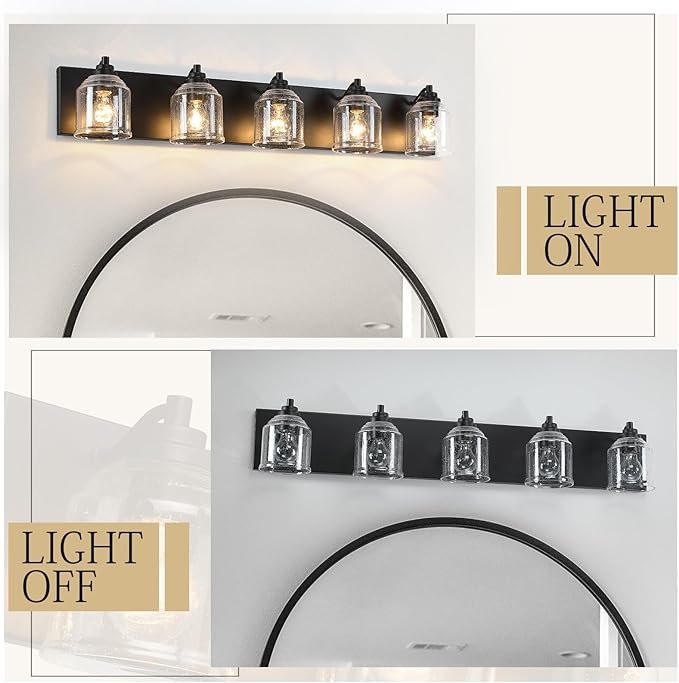 Vanity Lights for Bathroom Large 40", Farmhouse Rustic Vanity Light with Bubble Glass Shades, Black 5 Light Bathroom Lighting Fixtures Over Mirror, Bath Wall Sconce Home Decor