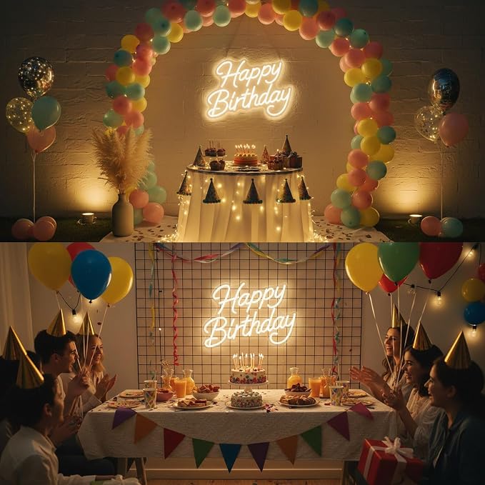 Happy Birthday Neon Sign for Wall Decor, LED Happy Birthday Light Up Sign | Dimmable Happy Birthday Sign for Birthday Party Backdrop, Any Ages Bday Party Decoration, 16.14"x11.65", USB Powered, Hanging