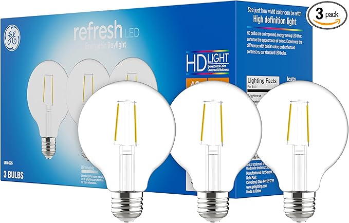 GE Refresh LED Light Bulbs, 40 Watt, Daylight, G25 Globe Bulbs, Clear, Medium Base (3 Pack)