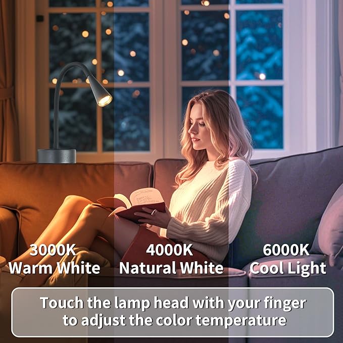 Black Headboard Reading Light, No Drilling Wall Mounted Reading Lights for Bedside, Book Light for Bedtime Reading, Buttonless Dimmable Reading Lamp, Movable Gooseneck Reading Sconces for Bedroom