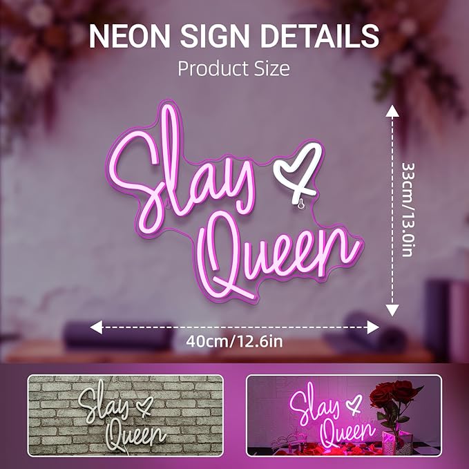 Slay Queen Neon Sign Pink White LED Neon Light Up Signs for Wall Decor Usb Neon Light for Bedroom Preppy Girl Aesthetic Room Dorm Decor Y2k Party Gifts