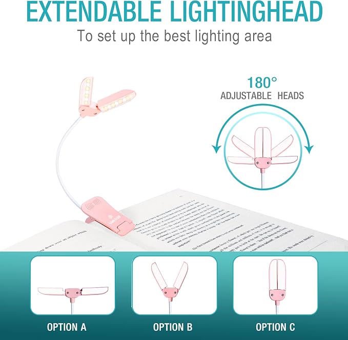 Vekkia 14 LED Rechargeable Book Light for Reading at Night | Eye-Care Reading Light for Books in Bed/180° Adjustable, Clip on Lamp/3 Color Temperatures, Lightweight