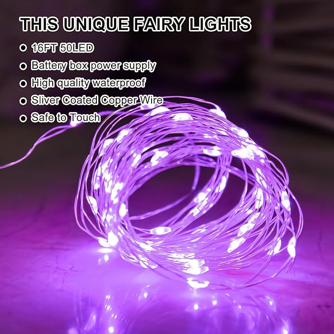 Purple Fairy Lights Battery Operated (Included), 8 Modes & Auto timer, 16FT 50Led Mini Twinkle Silver Wire Firefly Starry lights, Waterproof Battery Operated Lights for Party Bedroom Christmas