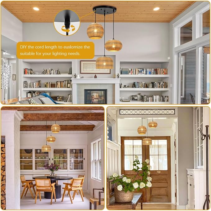 3-Light Large Wicker Chandelier Woven Ceiling Hanging Light | Cluster Rattan Pendant Light Vintage Boho Adjustable Pendant Lamp ,59" Adjustable for Dining Room Kitchen Stairwell Cabinets