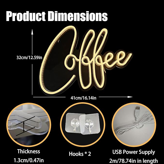 Coffee Neon Sign Bar Wall Decor,Adjustable Brightness Led Lights Sign,USB Powered Neon Light for Coffee Bar,Home Bar,Hotel(Yellow)