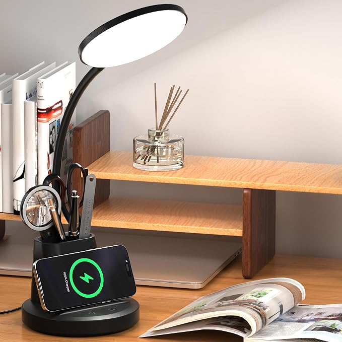 LED Desk Lamp with Wireless Charger for Home Office, Black | 3 Color Modes Dimmable Eye-Caring Study Desk Light for College Dorm Room, 360° Flexible Arm, Built-in Pen Holder, 800 Lumen