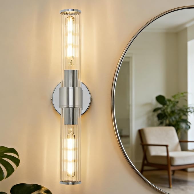 Hardwired Chrome Bathroom Vanity Light Threaded Glass Wall Sconce | Up & Down Bidirectional Lighting, Damp Rated For Bathrooms, Dimmable, 5-Year Manufacturer Warranty, UL Certification