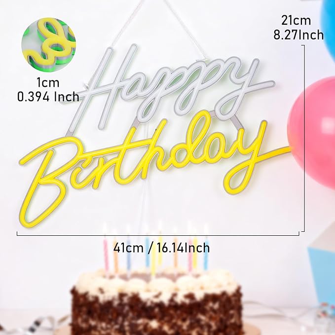 Happy Birthday Neon Sign, Neon Sign for Wall Decor, USB Powered Dimmable Neon Light, LED Happy Birthday Light Up Sign for Party, Perfect for Backdrop Birthday Party Decoration, White and Yellow