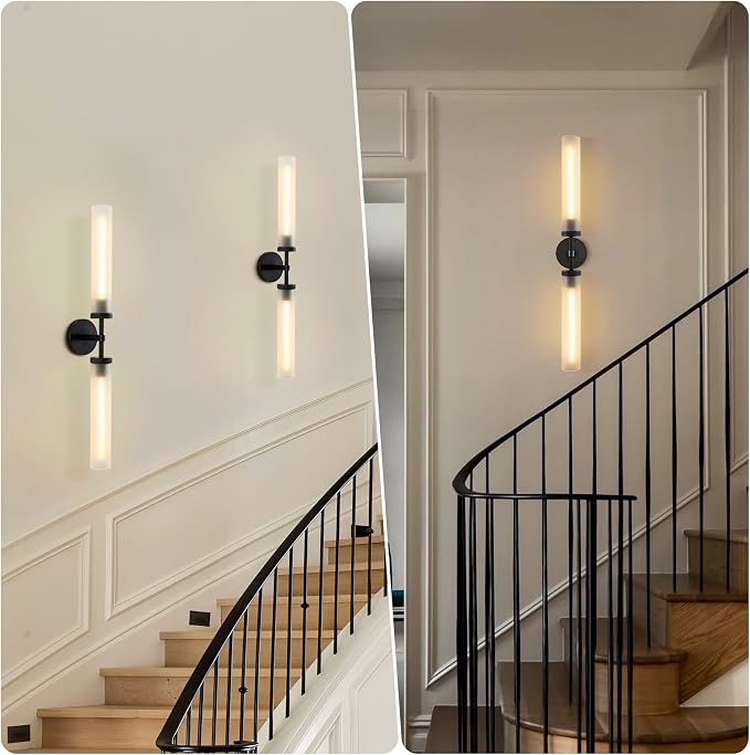 30" 2 Lights Hardwired Frosted Glass Bathroom Wall Sconces, Handmade Knurled Black Wall Light Fixture,Modern Vanity Light for Living Room,Hallway, Bedroom, Indoor Wall Lamp, Bulb Included