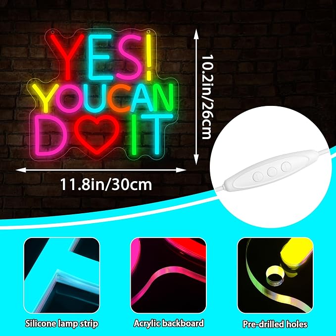 Yes You Can Do It Neon Sign for Bedroom Wall Decor | Dimmable motivational neon light, teen bedroom office desk decor, encouraging birthday gift for students, size 11.8*10.2 in