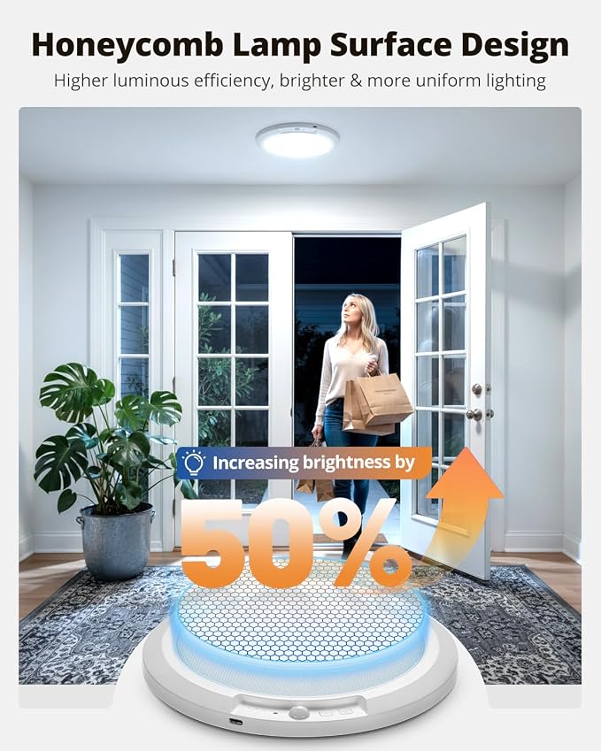 wowatt 10000mAh Rechargeable Ceiling Light, Battery Operated Ceiling Lights | 400LM, Wireless Magnetic Overhead Lights with Remote, Motion Sensor, 3 Color Changing, Dimmable Shower Lights for Bathroom