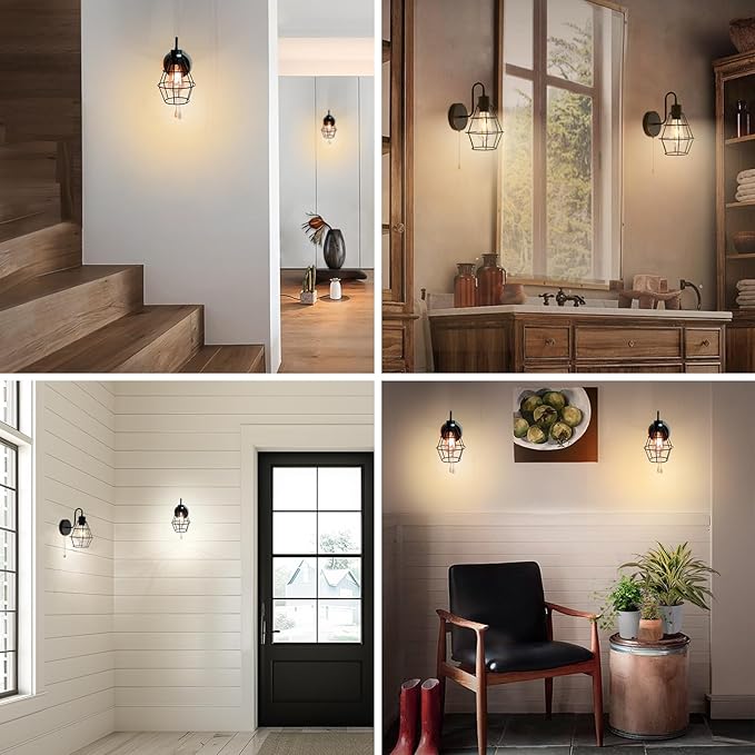 Wire Cage Wall Sconce with Pull Chain 2pack, Hardwire Wall Lights with On Off Switch, Metal Wall Mount Light Fixture Indoor E26 Vintage Black Wall Lighting for Living Room, Bedroom