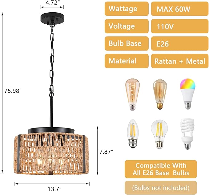 Boho Rattan Chandelier, 3-Light 13.7”Farmhouse Chandeliers Light Fixture with Rustic Wicker Rattan Pendant Light for Living Room,Kitchen Island Bedroom(E26 Bulbs Not Included)