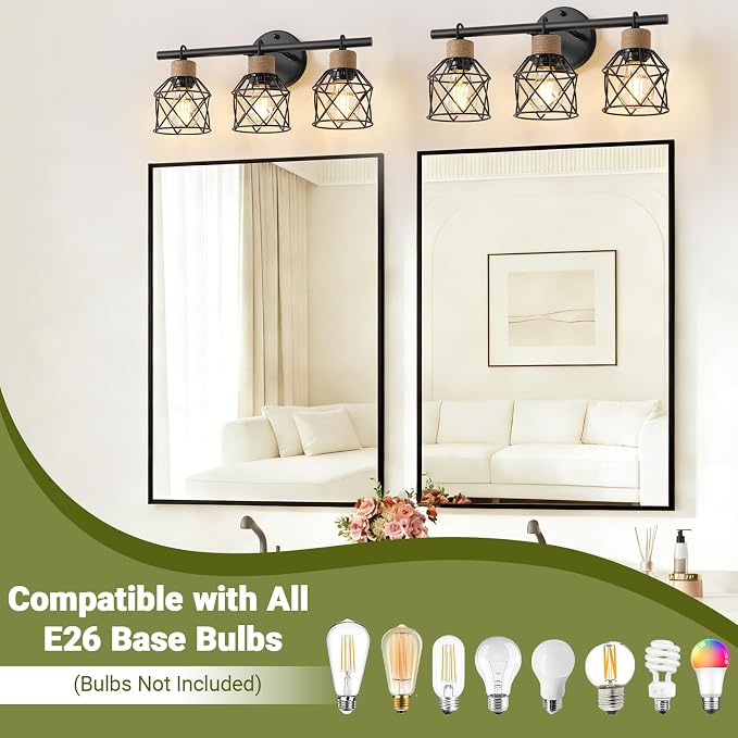 3-Light Farmhouse Bathroom Vanity Light Fixtures Over Mirror, Matte Black Vanity Lights with Metal Cage Lampshade, Vintage Bathroom Sconces Wall Lighting for Living Room Bedroom Hallway Cabinet