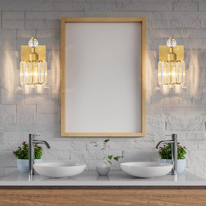 PRESDE Single Crystal Wall Sconce, Modern Gold Vanity Light Fixture, 1-Light Wall Lamp for Bathroom Bedroom Hallway