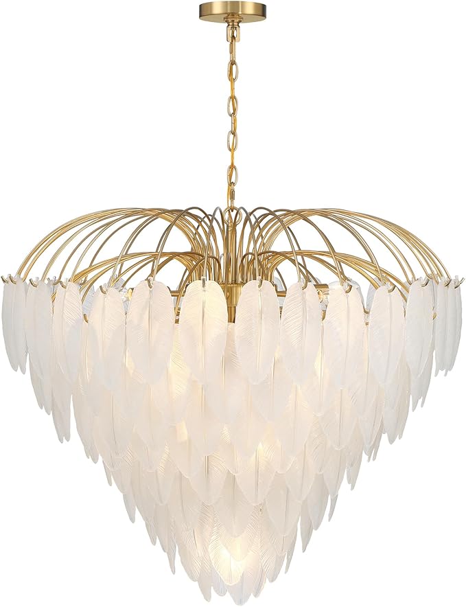 Savoy House 1-3505-15-322 Boa Breegan Jane Designed Mid-Century Bohemian Clear Frosted Glass Feather Chandelier, 15-Light 900 Total Watts, 30" H x 34" W, Warm Brass