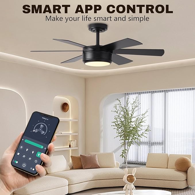 SHOWDI Ceiling Fan with Lights and Remote, 6 Blade App Control Timer Reversible Stepless Brightness and Color Temperature Outdoor Wood Ceiling Fan with Lights (Black, 42 Inch)
