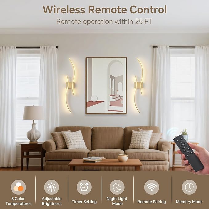 Battery Operated Wall Sconce Set of 2, Dimmable Modern LED Rechargeable Wall Light with Remote Control, Wall Decor for Living Room, Hallway, Quick Install, No Electrician Required