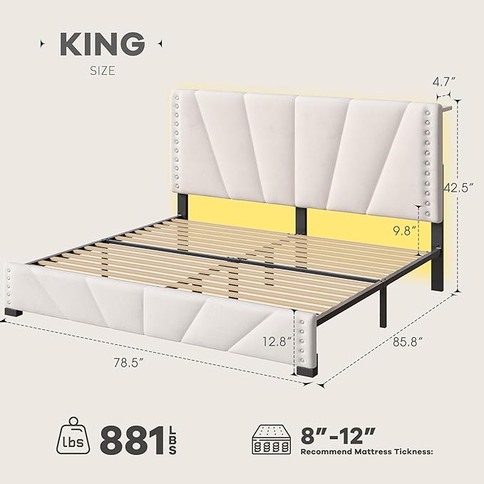 EnHomee King Size Bed Frame with Velvet Headboard, LED Lights & USB, Beige | Adjustable Velvet Headboard, Under-Bed Space,Heavy Duty Support with 12 Silent Slats, No Box Spring Needed, Easy Assembly