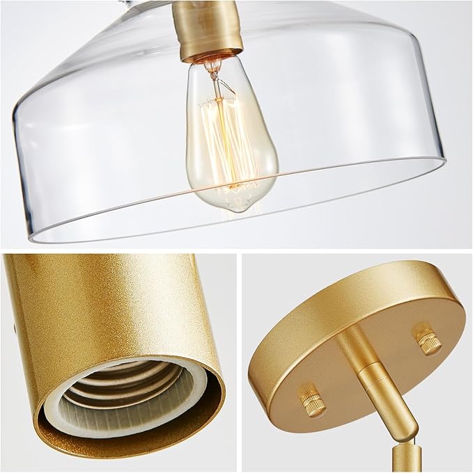 WUZUPS Chandelier Rustic Farmhouse Industrial Round Ceiling Pendant LED Light Fixture with Clear Glass Shades for Dining Room Kitchen Island Foyer Entryway, H 9.4" x W 10.6", E26 Base, Gold