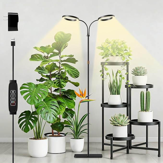 Grow Light with Stand for Indoor Plants, Dual Head Full Spectrum Floor Plant Light for Large Tall Plants, 16.5-68in Adjustable Height, 3/9/12H Timer, Dimmable, Modern Ring Grow Lamp for Home Décor