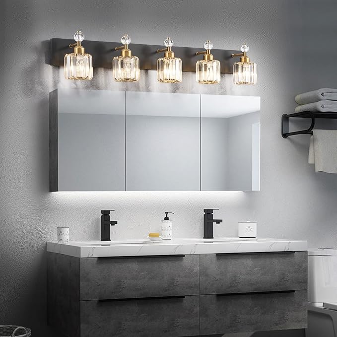 PRESDE 5-Light Crystal Bathroom Vanity Light, Modern Black and Gold Wall Sconce ， Wall Lamp for Over Mirror Bedroom Hallway