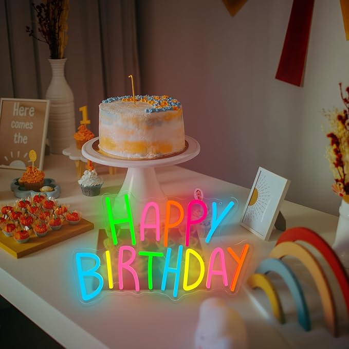 Happy Birthday Neon Sign for Wall Decor, Colorful Happy Birthday Neon Lights, LED Birthday Neon Light for Backdrop, Neon Birthday Signs for Bedroom Bar Cafe Party Any Ages Bday Celebration Decoration