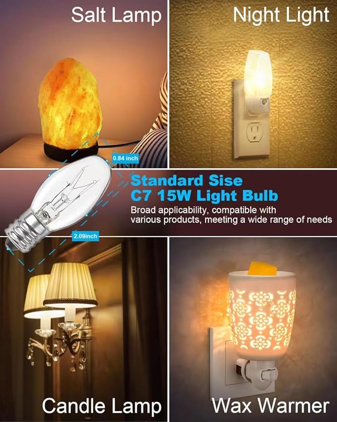 Salt Lamp Bulbs - 15 Watt Light Bulbs for Scentsy Wax Warmer - C7 Replacement Bulbs for Plug in Wax Diffuser- Warmwhite - Dimmable,15 Packs