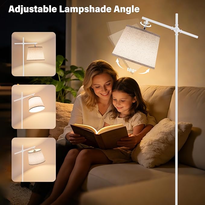 Floor Lamp with Linen Shade, Dimmable Tall Standing Lamp with Remote Control & 3 Color Temperatures Bulb, Modern Swing Arm Floor Lamps for Living Room Bedroom Office Corner