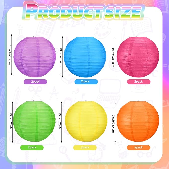 12 Pcs 10 Inch Hanging Paper Lanterns Party Decorations Modern Neon Classroom Decor for Birthday Back to School Party Decoration for Classrooms Wedding Birthday Ceilings