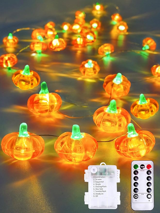 Fall Decor 10FT 3D Pumpkin Fairy Lights Battery Operated With Remote Orange | 30 LED, 8 Modes & Timer, IP44 Waterproof Twinkle Fall String Light for Indoor Outdoor Autumn Halloween Thanksgiving Decor