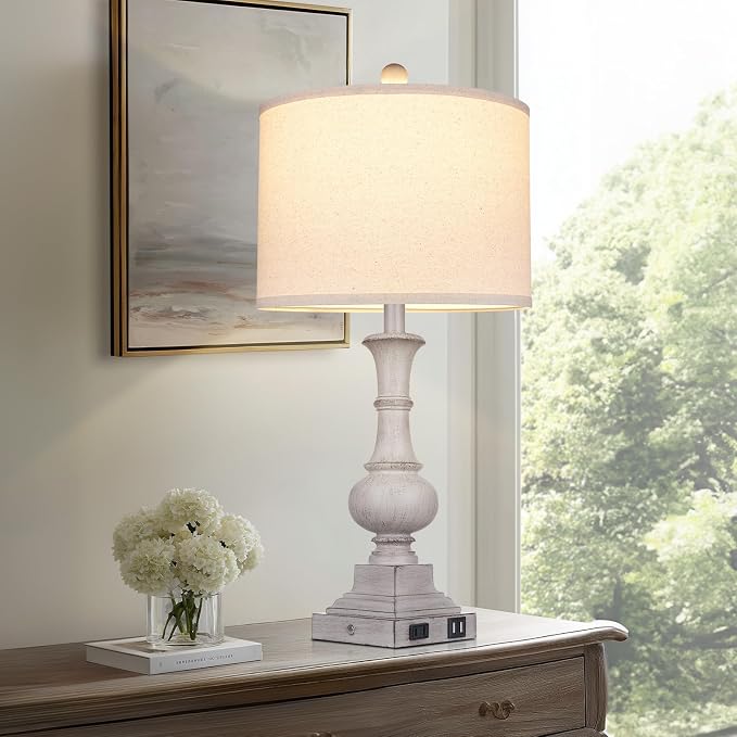 26" Tall Farmhouse Table Lamp for Bedroom, Vintage Touch Control Bedside Lamp for Living Room with USB A/C Charging Ports & AC Outlets,Rustic 3-Way Dimmable Nightstand Lamp for Side Table Antique Gray